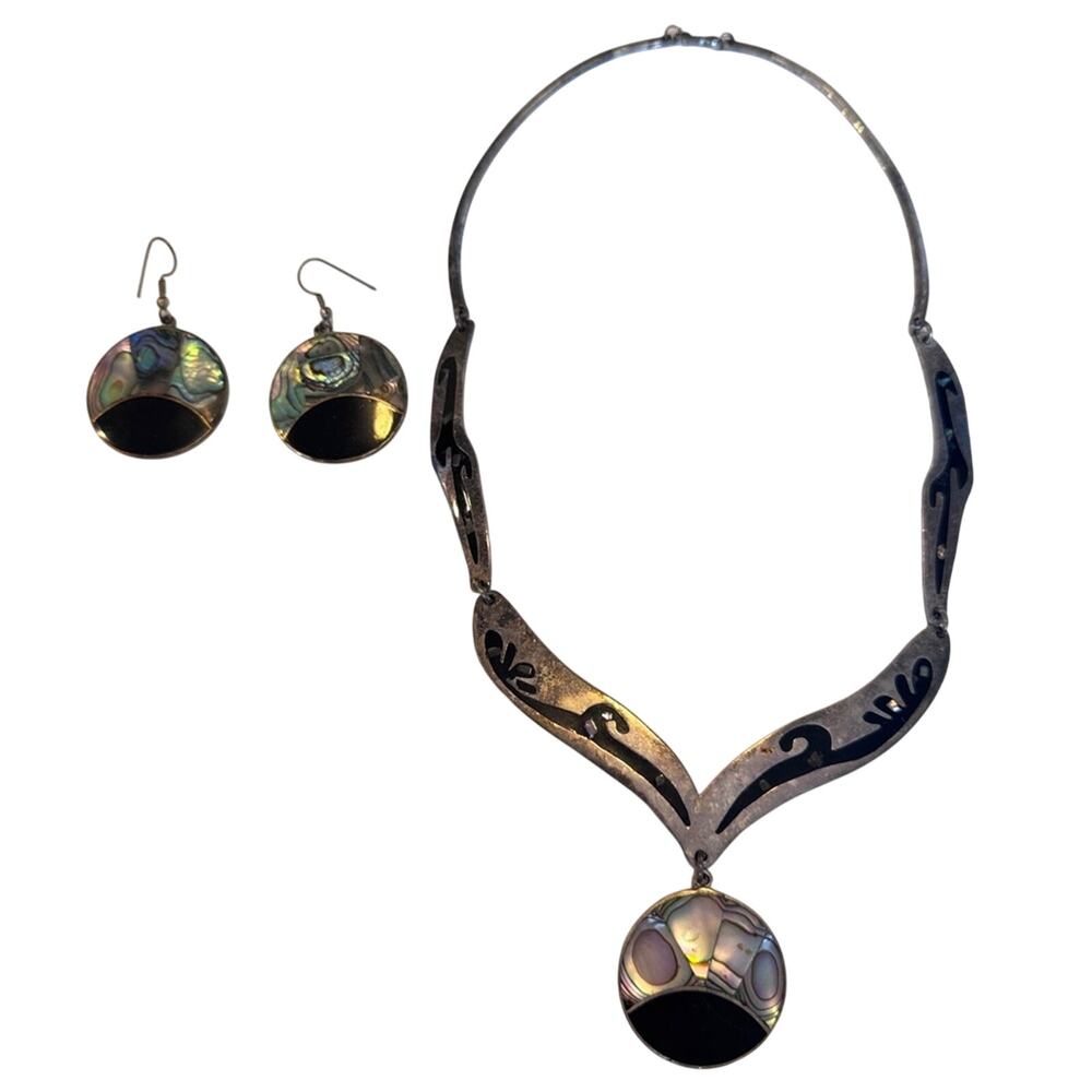 Vintage Alpaca Mexico Sterling Abalone Necklace Earrings Set Estate Jewelry